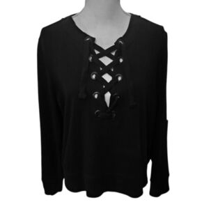 DKNY Sport Black Long Sleeve Lace Up Sweatshirt Athleisure Pullover Logo Size XL